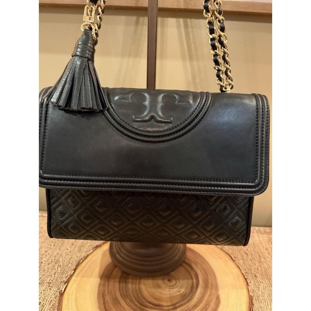 Tory Burch Fleming Black Leather Convertible Shoulder Bag Quilted Tassel Large
